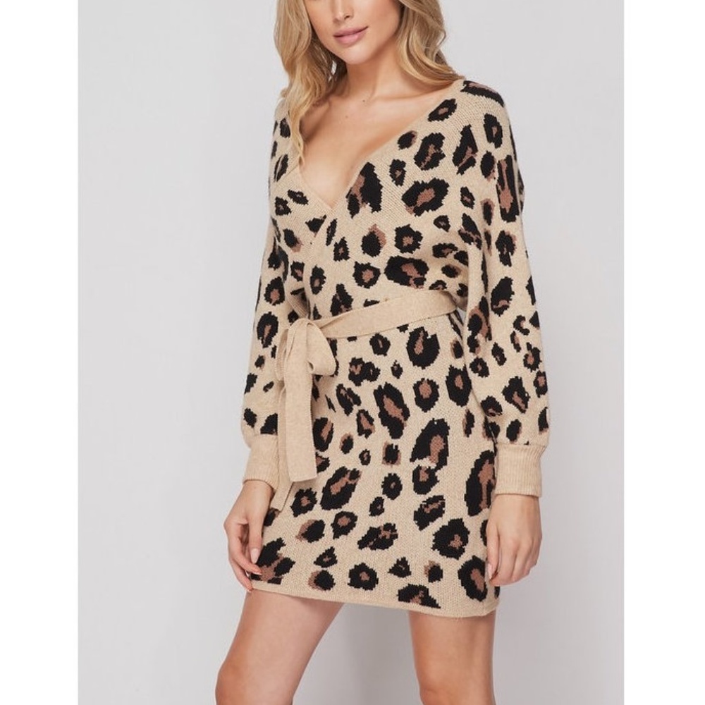 Beige Brown Leopard Print Faux Wrap Sweater Dress - Picture 4 of 6